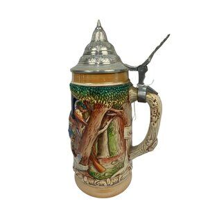 Vintage German King Beer Stein 0.5L Embossed Scenes With Pewter Lid